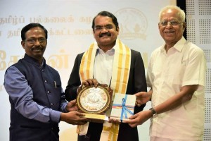 Honorable Vice-Chancellor facilitating the scientist Dr.Mayilsamy Annadurai with the Karikala Cholan Award at Chennai function on 21.3.2019 